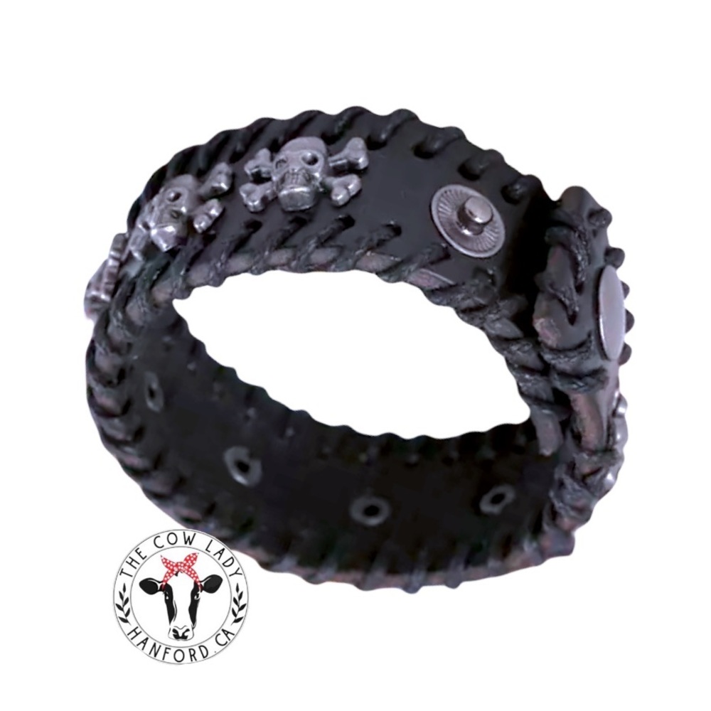 Motorcycle Skull Punk Biker Crossbones Moto Black Bracelet Genuine Leather Cuff